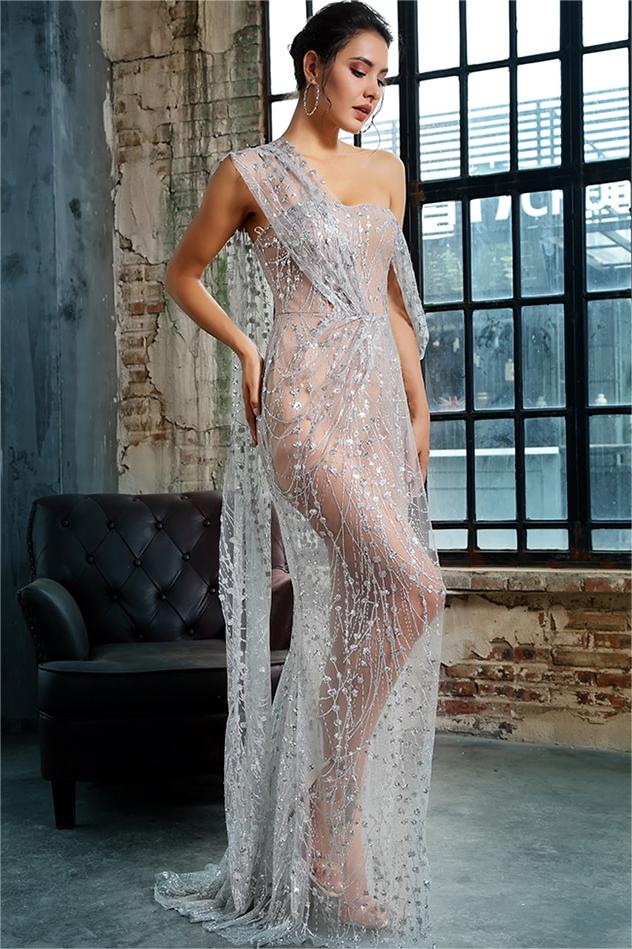 Sequin One-Shoulder High Split Maxi Dress