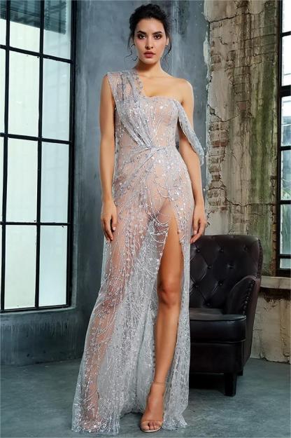 Sequin One-Shoulder High Split Maxi Dress