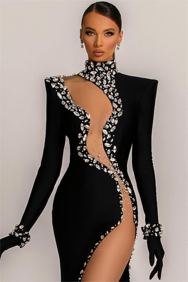 Bandage Rhinestone Long Sleeve Maxi Dress