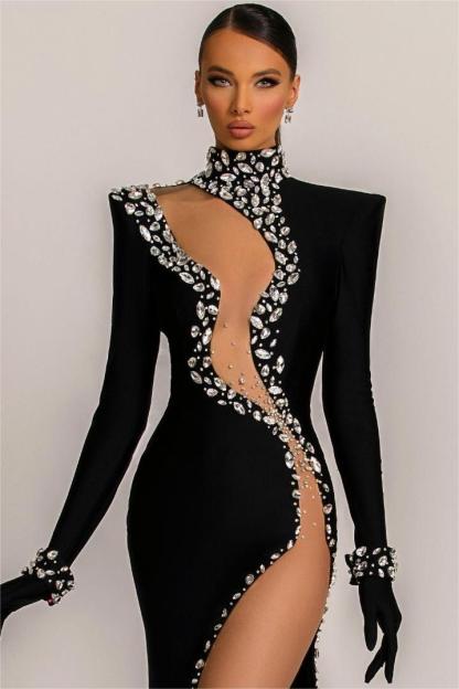 Bandage Rhinestone Long Sleeve Maxi Dress