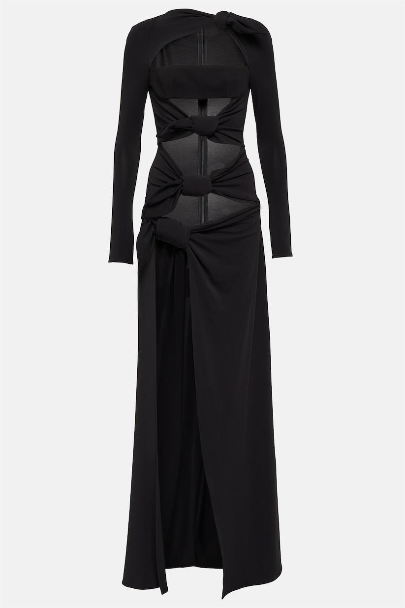 Bow Long Sleeve High Split Maxi Dress