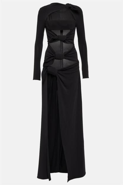 Bow Long Sleeve High Split Maxi Dress
