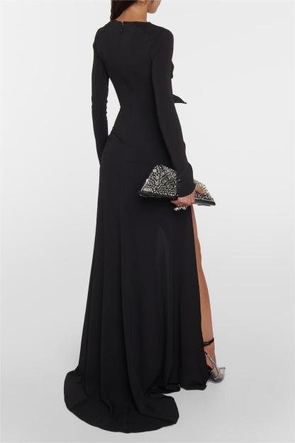 Bow Long Sleeve High Split Maxi Dress