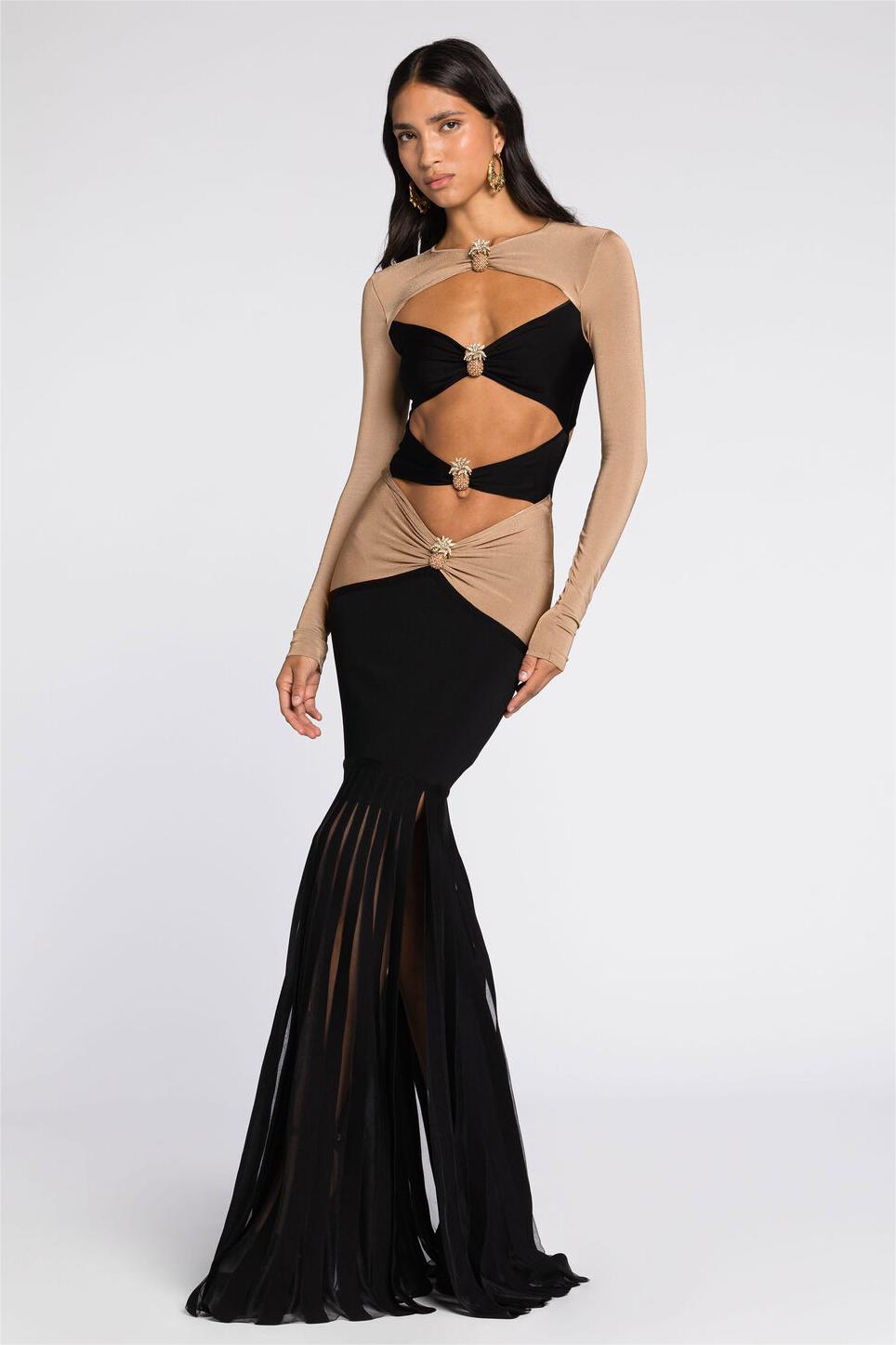 Splicing Pineapple Rhinestone Long Sleeve Maxi Dress