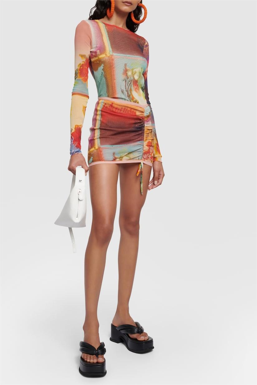 Floral Mesh Long Sleeve Top & Hight Waist Mini Skirt Set