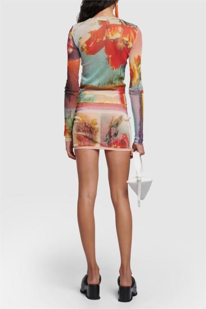 Floral Mesh Long Sleeve Top & Hight Waist Mini Skirt Set