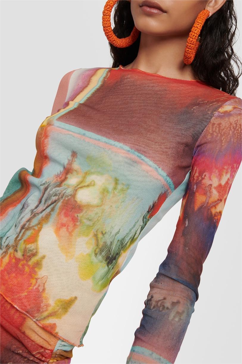 Floral Mesh Long Sleeve Top & Hight Waist Mini Skirt Set