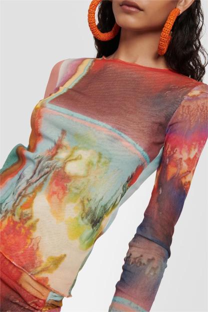 Floral Mesh Long Sleeve Top & Hight Waist Mini Skirt Set