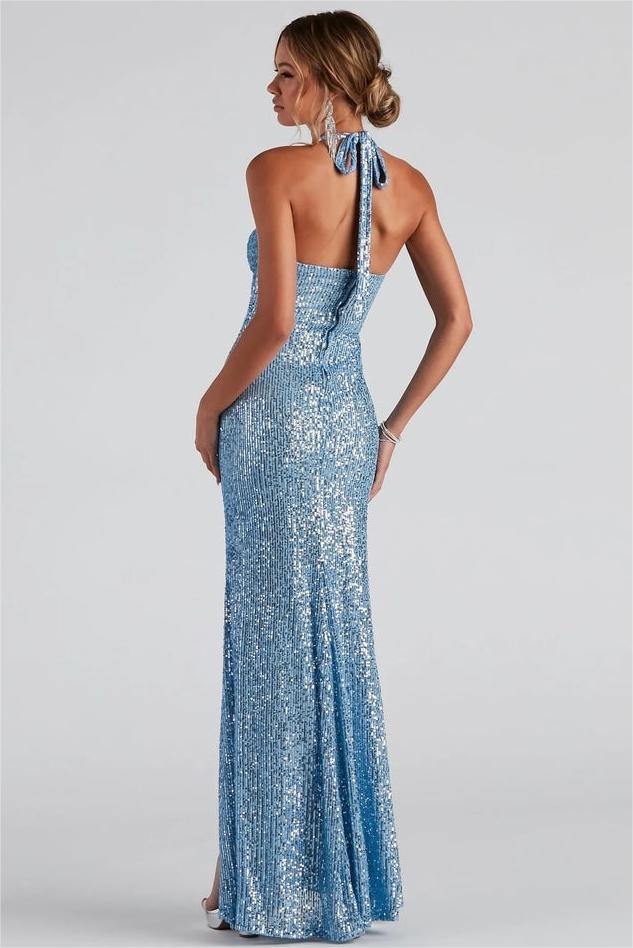 Sequin Halter Neck Cut-Out Spilt Midi Dress