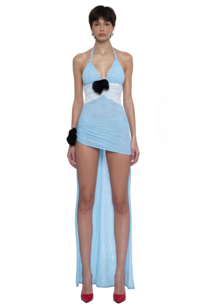 3D Flower Mesh Sleeveless Midi Dress