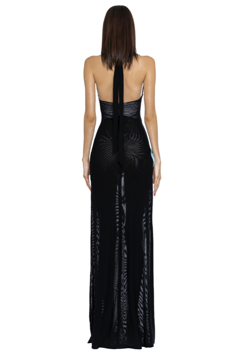 3D Flower Mesh Sleeveless Midi Dress