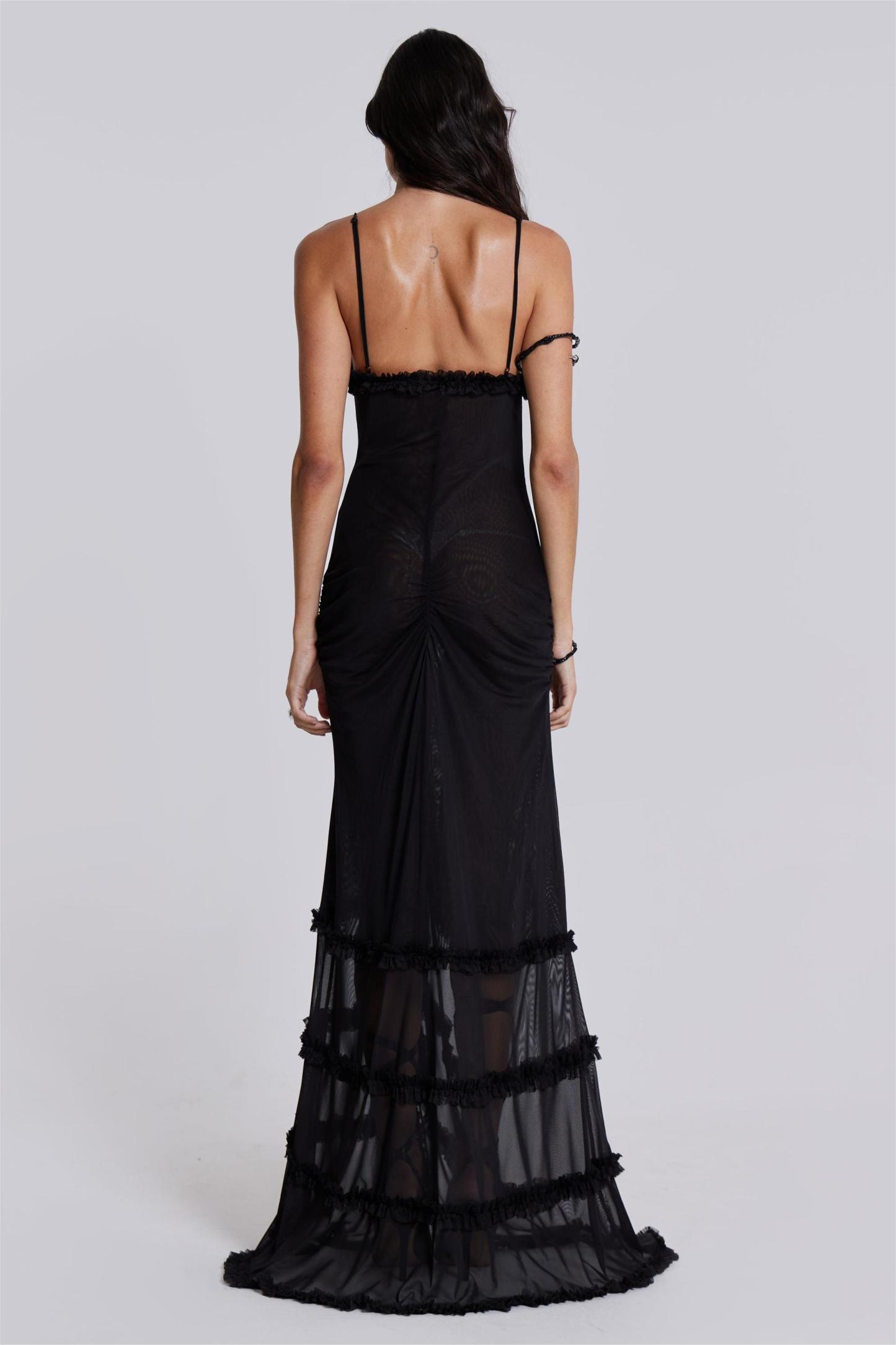 Solid Mesh Cut-Out Frill Maxi Dress