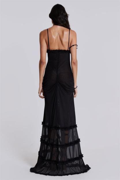Solid Mesh Cut-Out Frill Maxi Dress