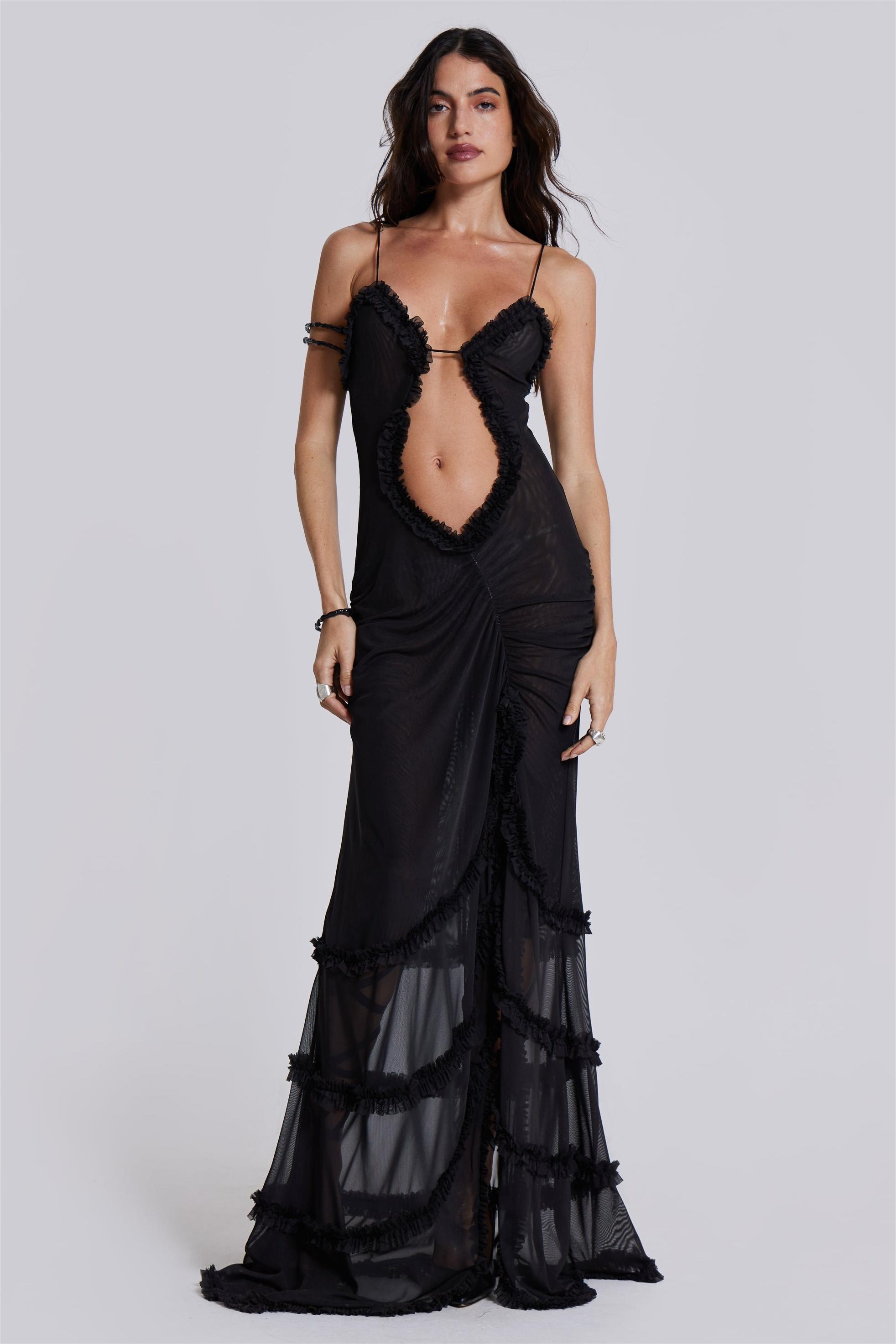 Solid Mesh Cut-Out Frill Maxi Dress