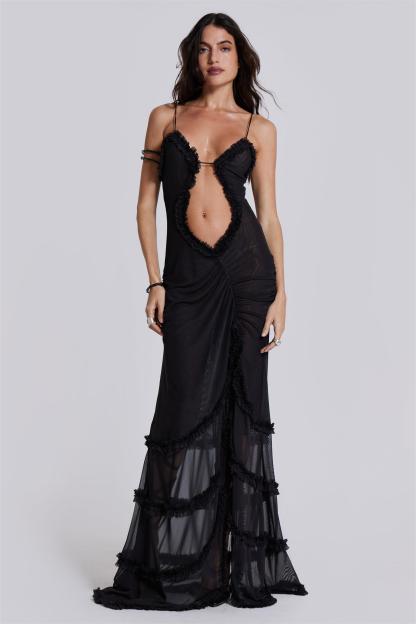 Solid Mesh Cut-Out Frill Maxi Dress