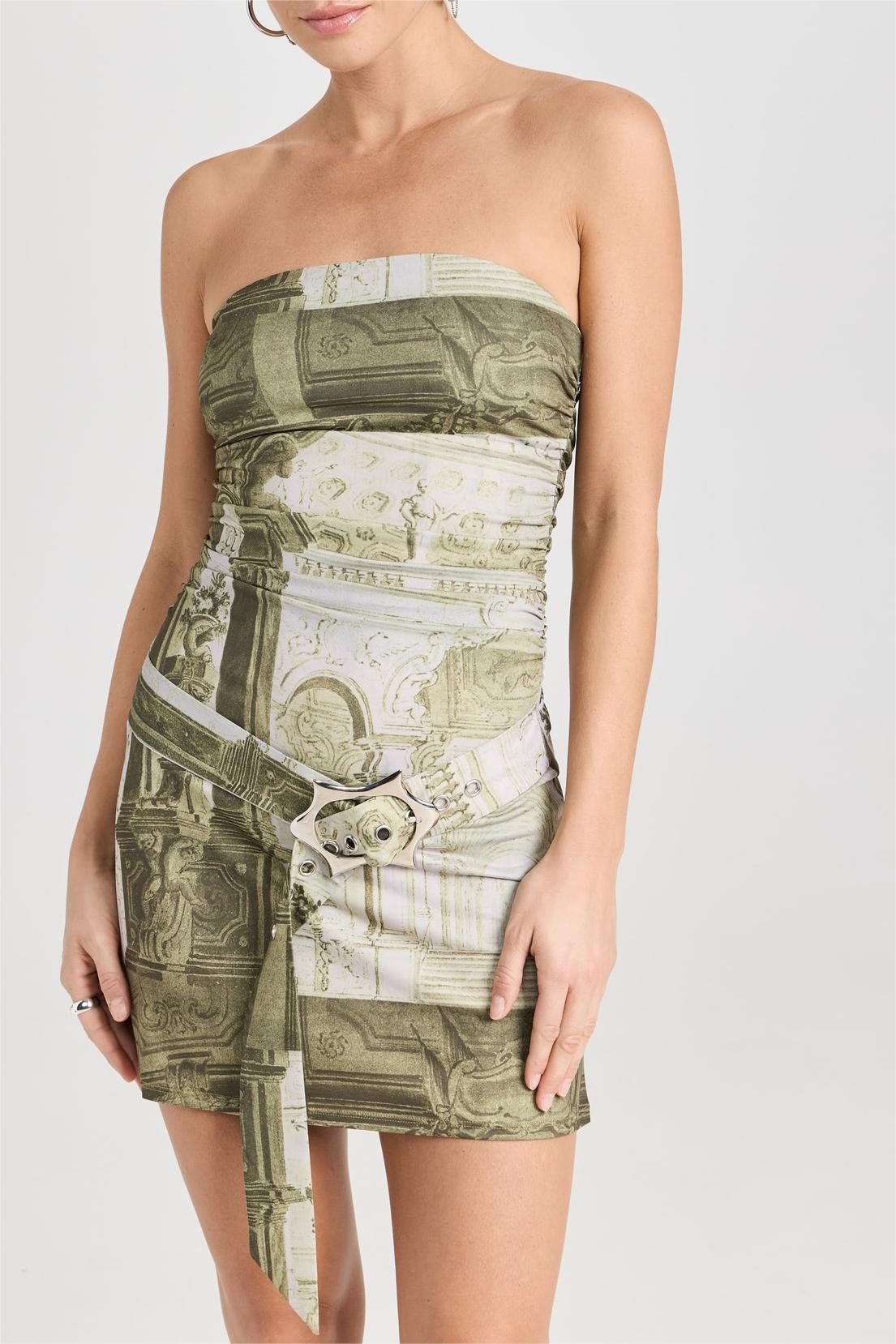 Palace Print Off-Shoulder Mini Dress With Belt