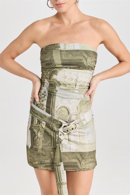 Palace Print Off-Shoulder Mini Dress With Belt