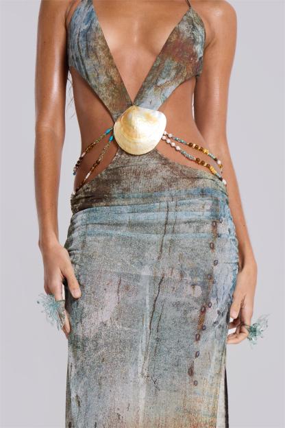 Mesh Cut-Out Backless Split Midi Dress