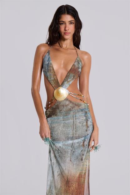 Mesh Cut-Out Backless Split Midi Dress