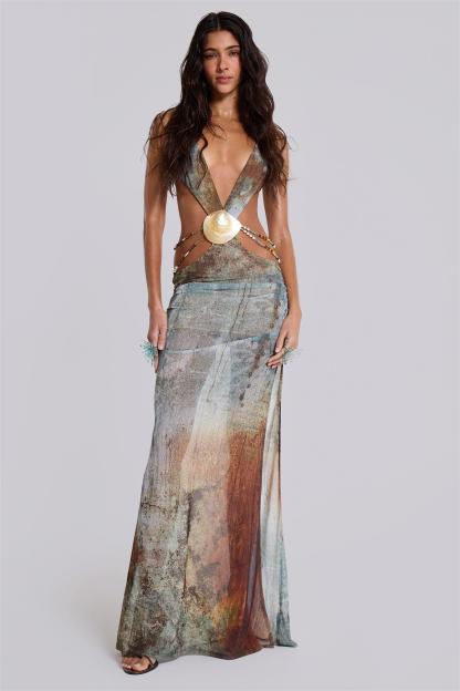 Mesh Cut-Out Backless Split Midi Dress