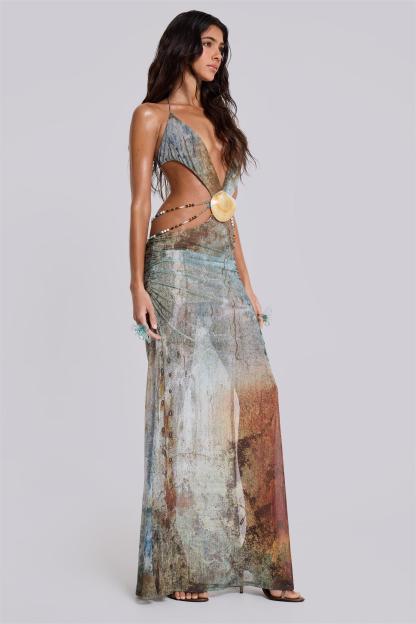 Mesh Cut-Out Backless Split Midi Dress