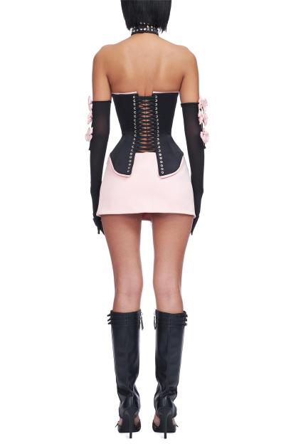 Bow Off-Shoulder Top & Low Waist Mini Skirt Set With Gloves