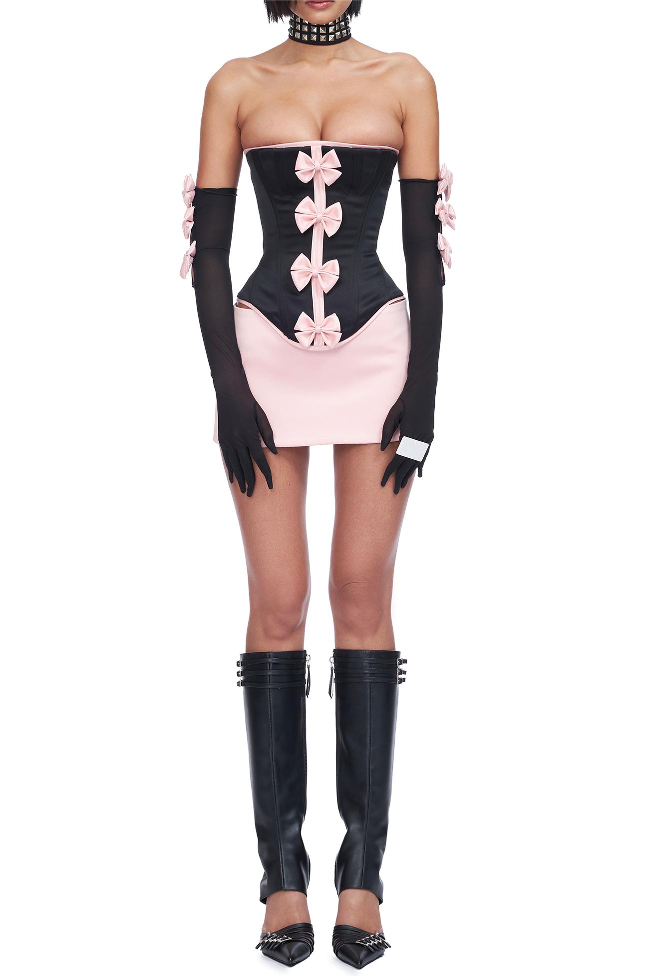 Bow Off-Shoulder Top & Low Waist Mini Skirt Set With Gloves