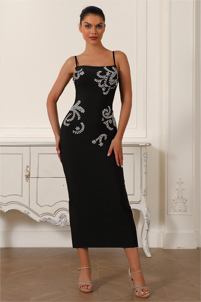 Bandage Rhinestone Slip Midi Dress