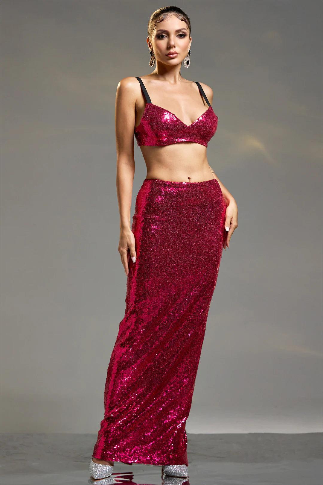 Sequin Sweetheart Neck Mini Top & High Waist Maxi Skirt Set