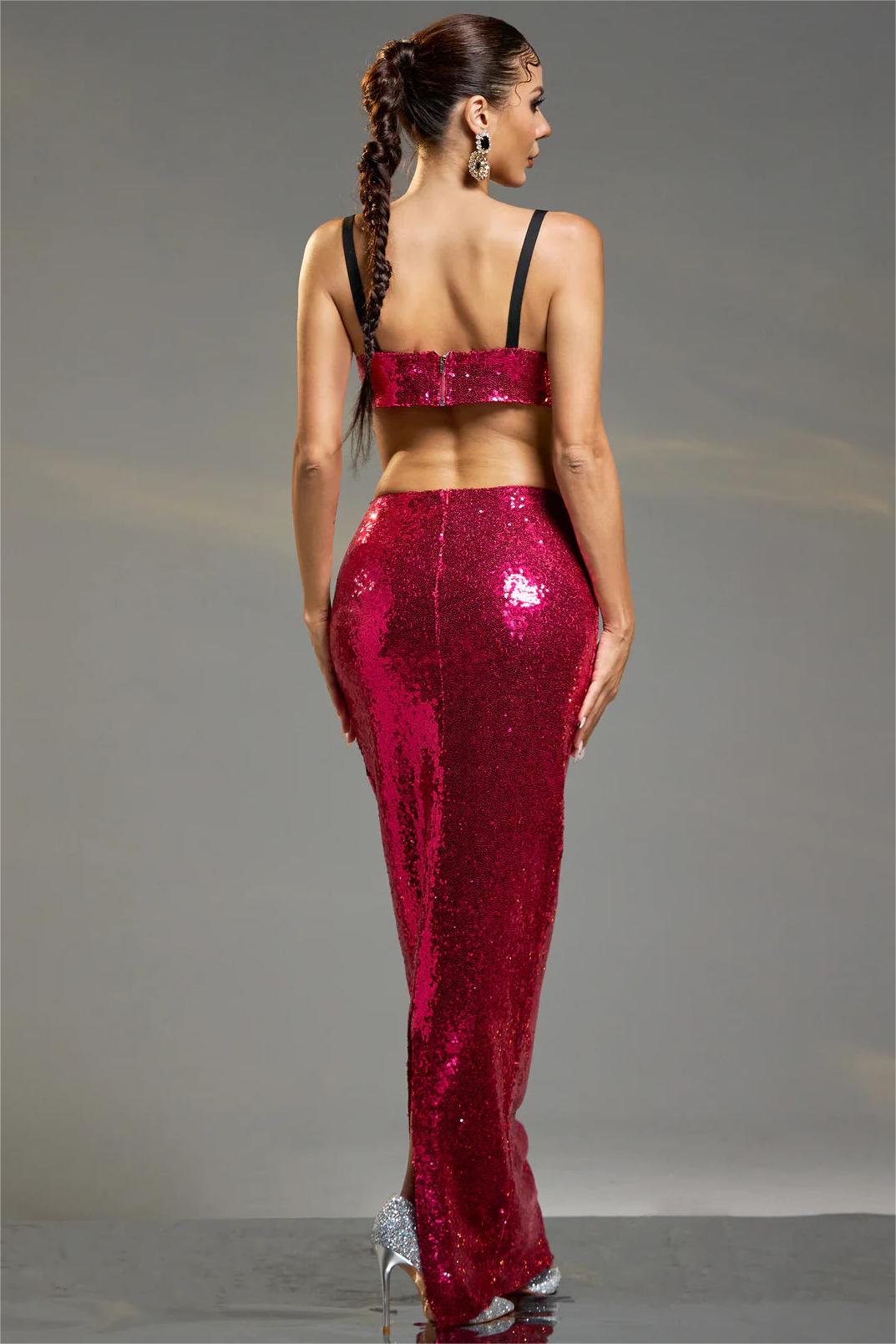 Sequin Sweetheart Neck Mini Top & High Waist Maxi Skirt Set