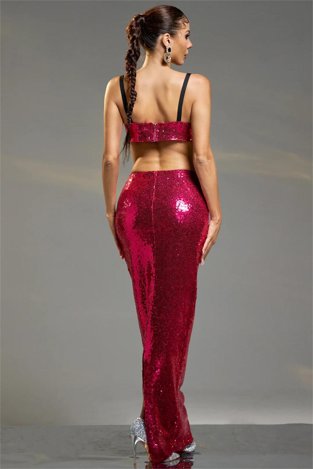 Sequin Sweetheart Neck Mini Top & High Waist Maxi Skirt Set
