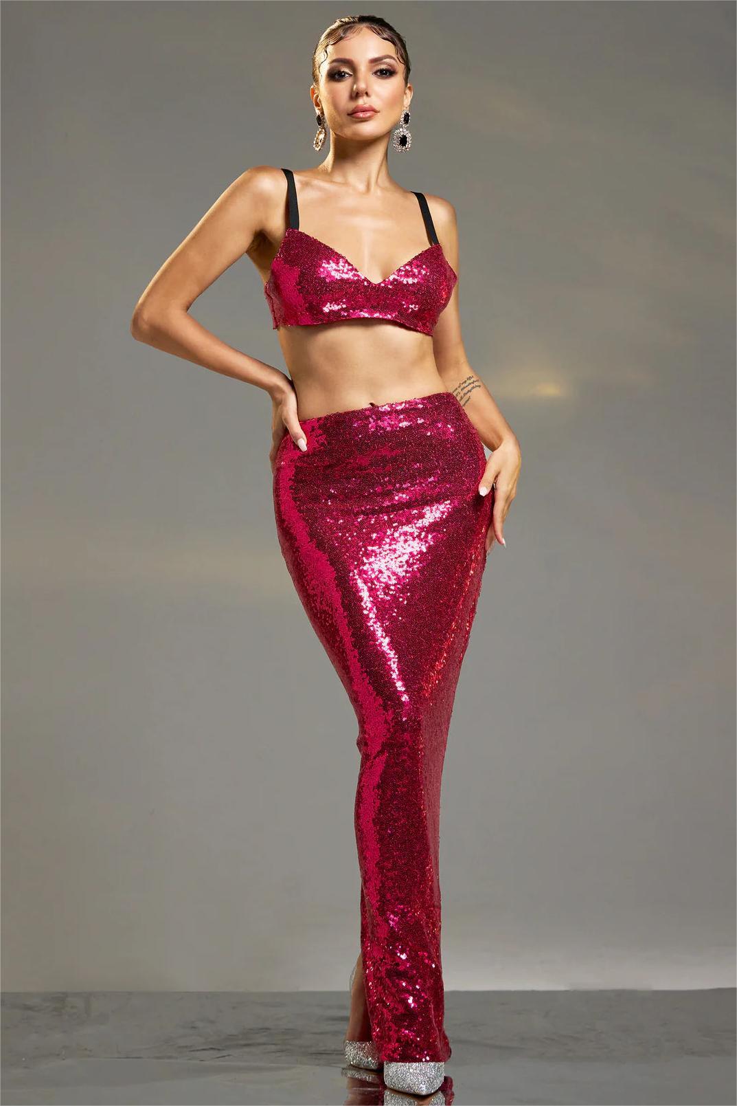 Sequin Sweetheart Neck Mini Top & High Waist Maxi Skirt Set