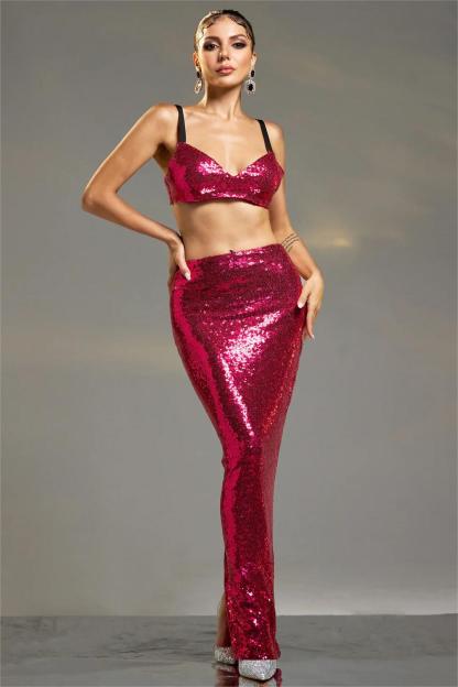 Sequin Sweetheart Neck Mini Top & High Waist Maxi Skirt Set