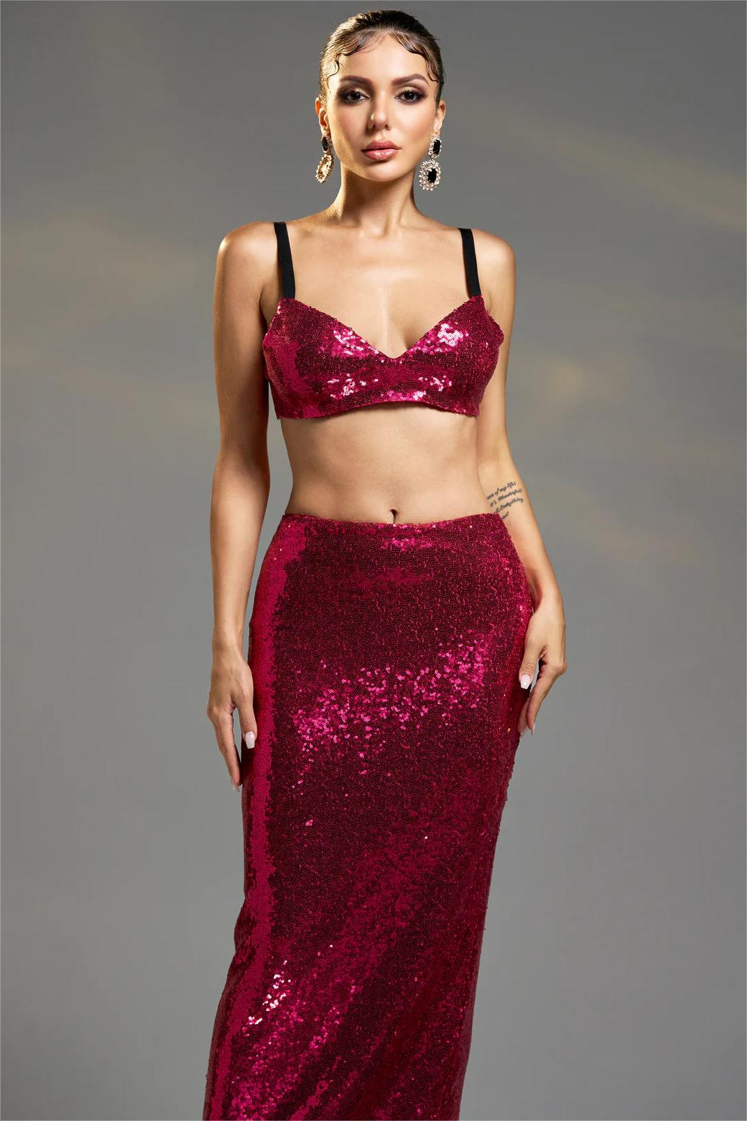 Sequin Sweetheart Neck Mini Top & High Waist Maxi Skirt Set