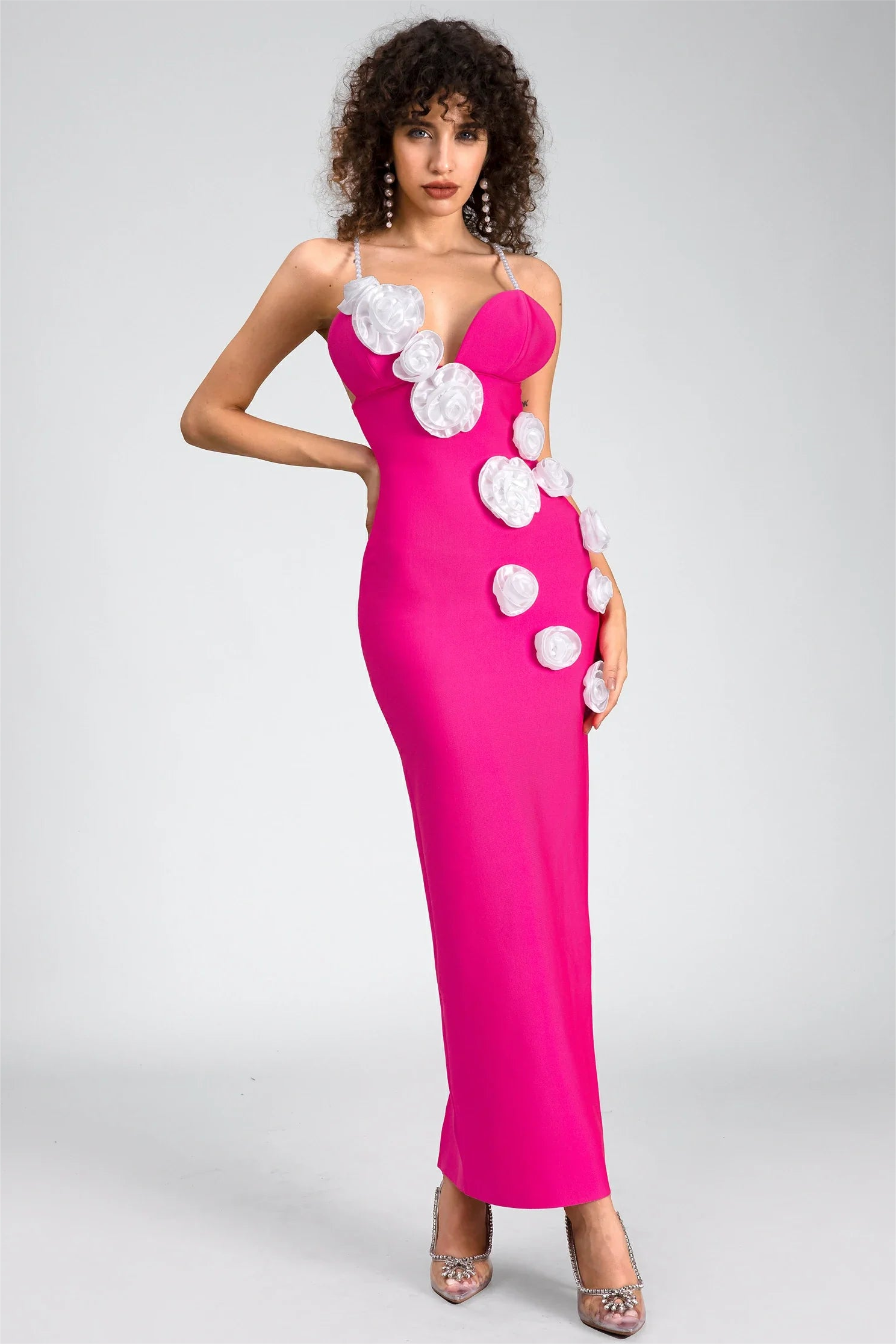 3D Flower Bandage Faux Pearl Midi Dress