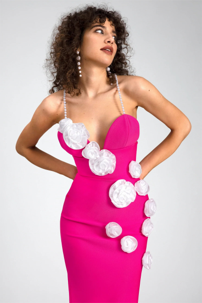 3D Flower Bandage Faux Pearl Midi Dress