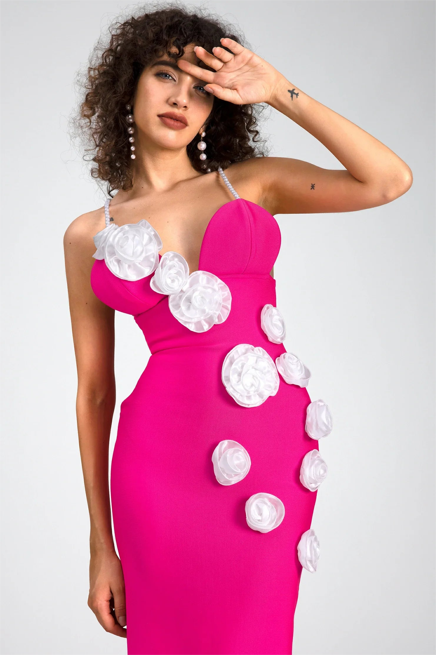 3D Flower Bandage Faux Pearl Midi Dress