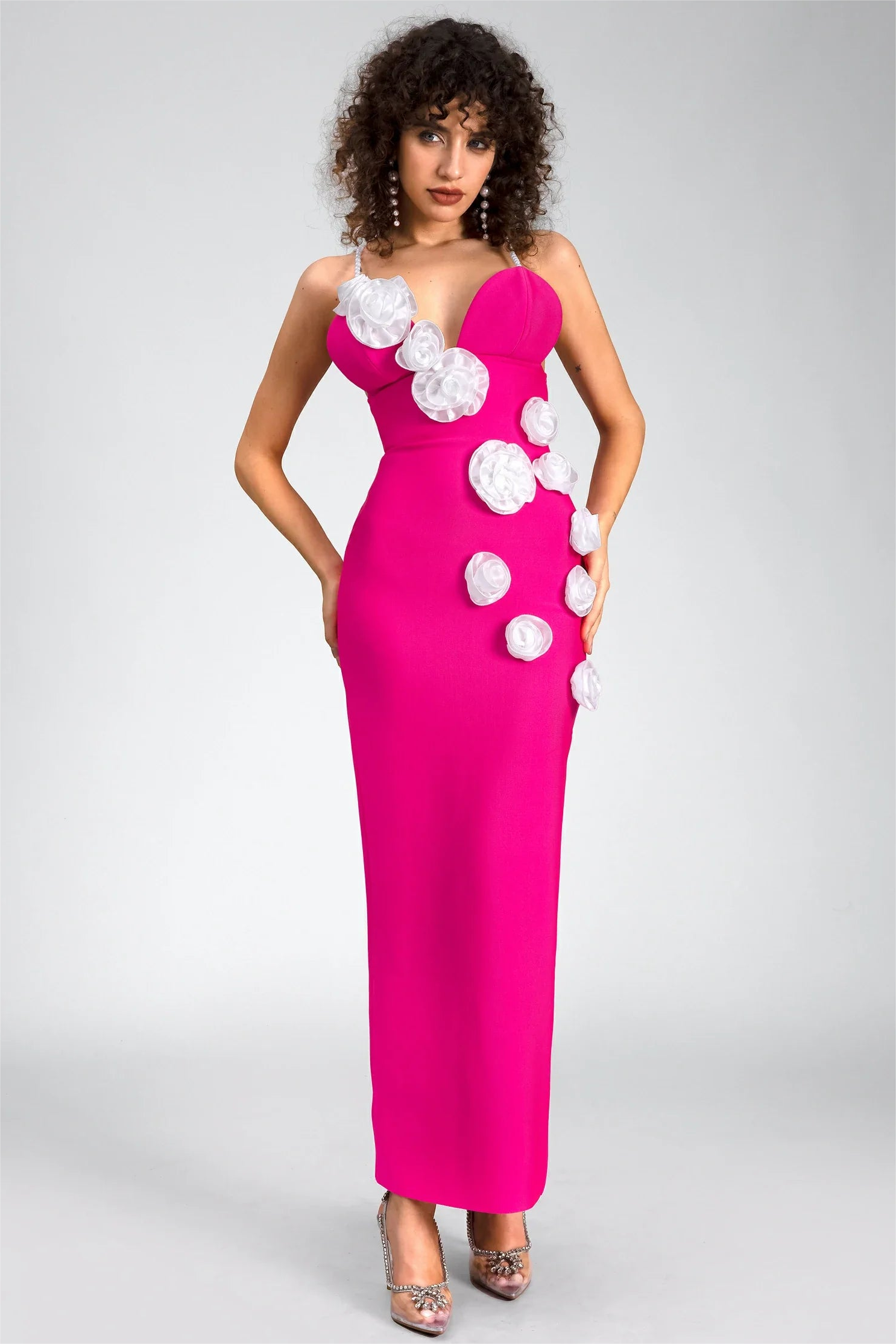 3D Flower Bandage Faux Pearl Midi Dress
