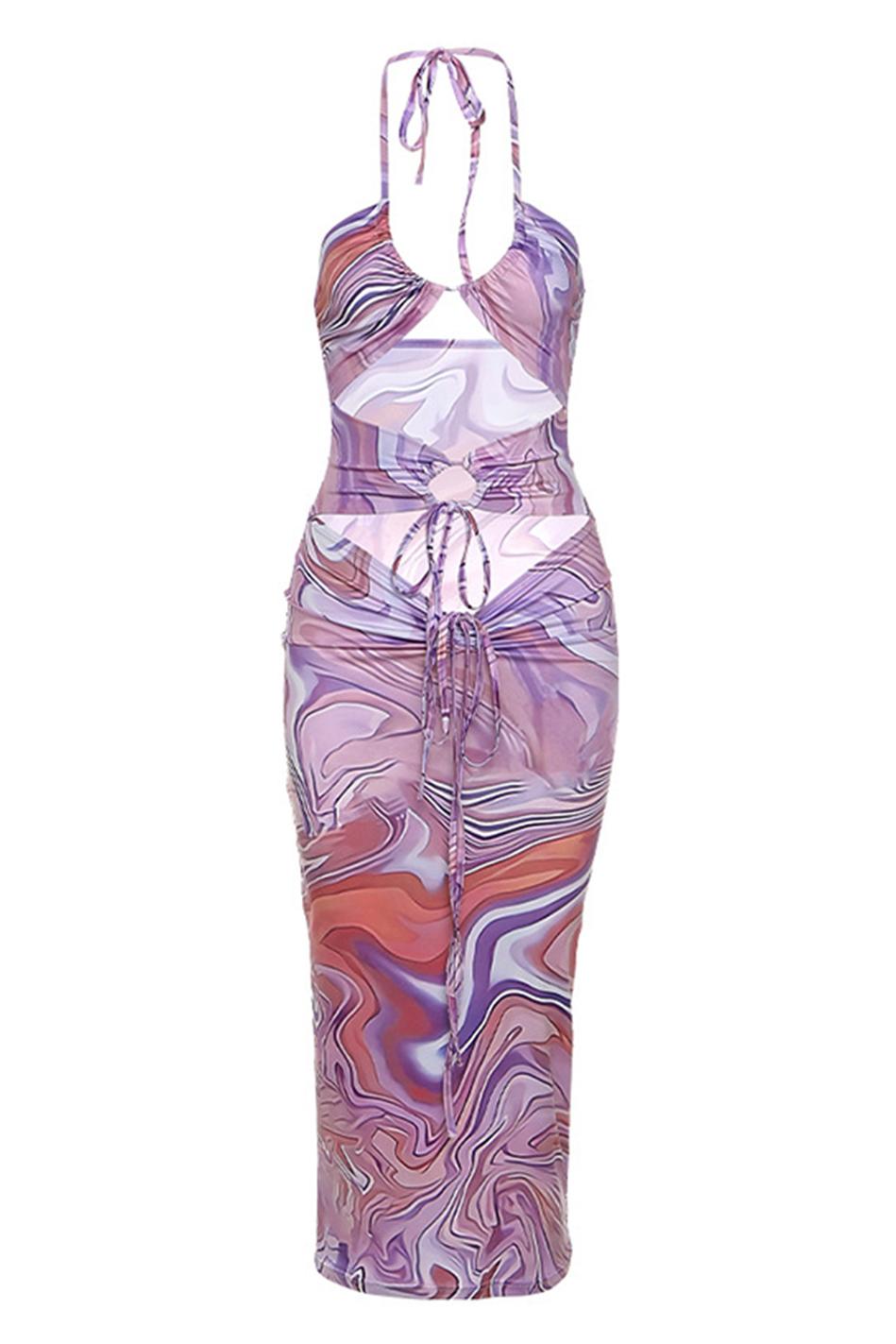 Abstract Print Lace Up Ruched Mini Dress