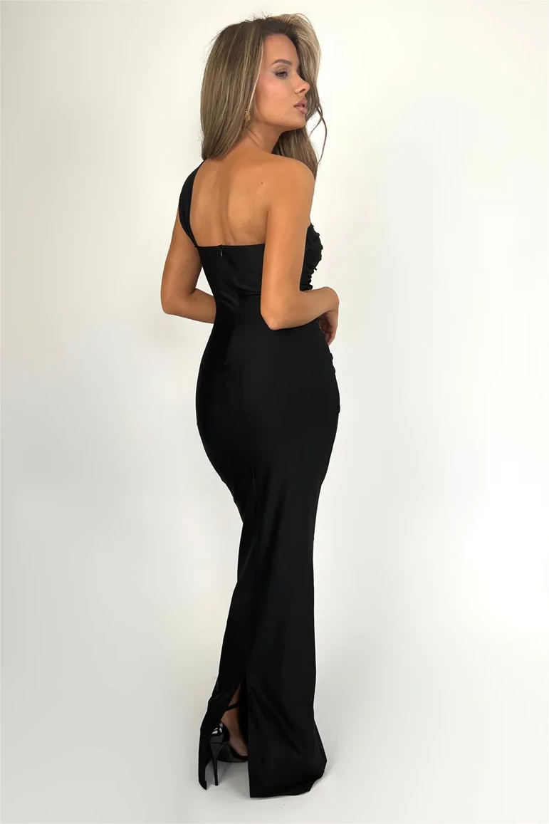 Solid One-Shoulder Knotted Maxi Dress