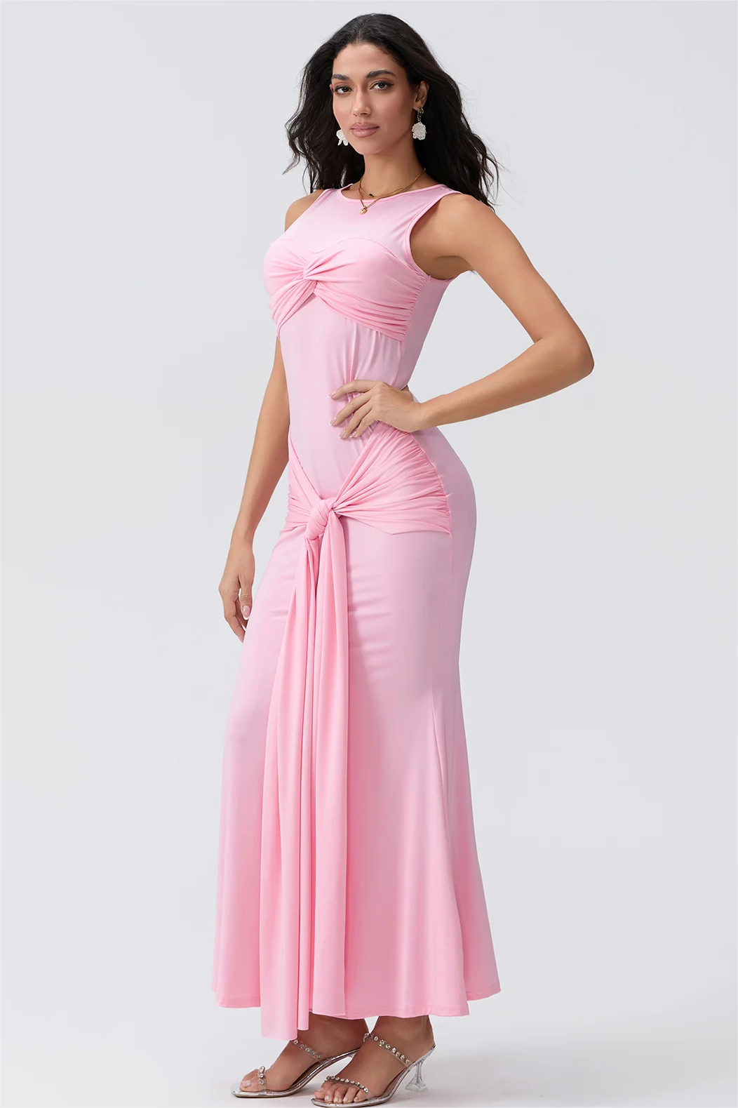 Solid Knotted Sleeveless Lace Up Midi Dress