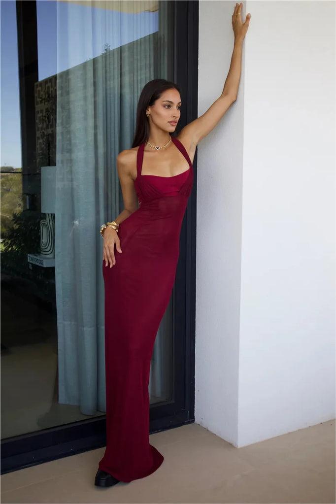 Halter Neck Sleeveless Mesh Splicing Midi Dress