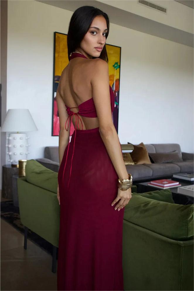 Halter Neck Sleeveless Mesh Splicing Midi Dress