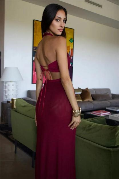 Halter Neck Sleeveless Mesh Splicing Midi Dress