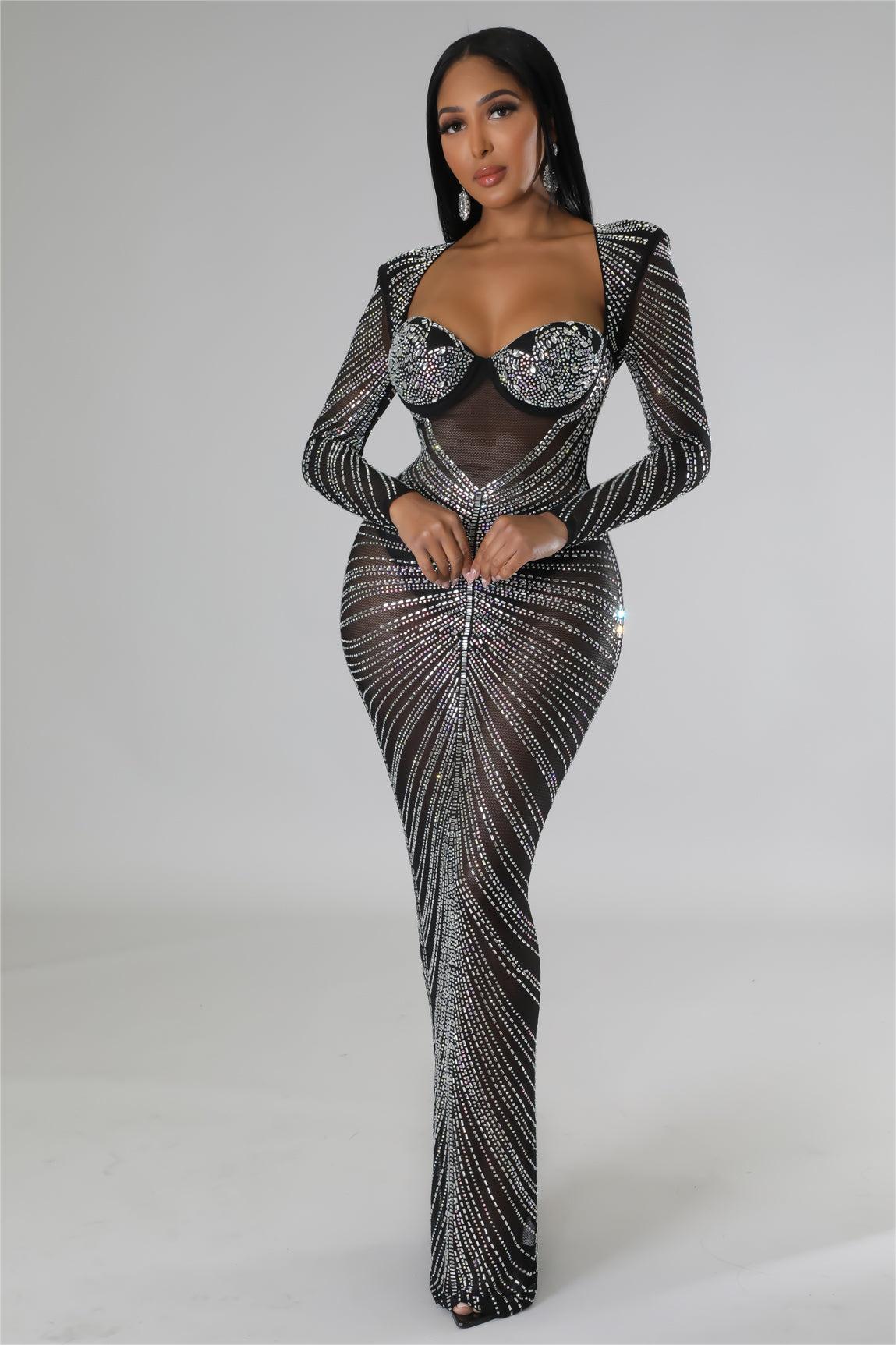 Rhinestone Mesh Long Sleeve Maxi Dress