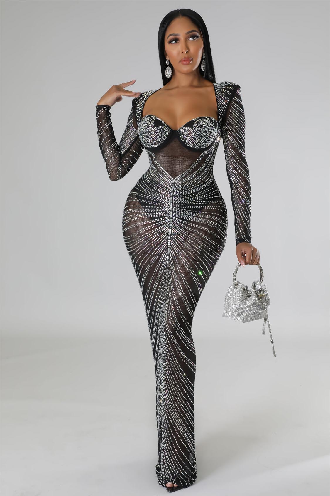 Rhinestone Mesh Long Sleeve Maxi Dress