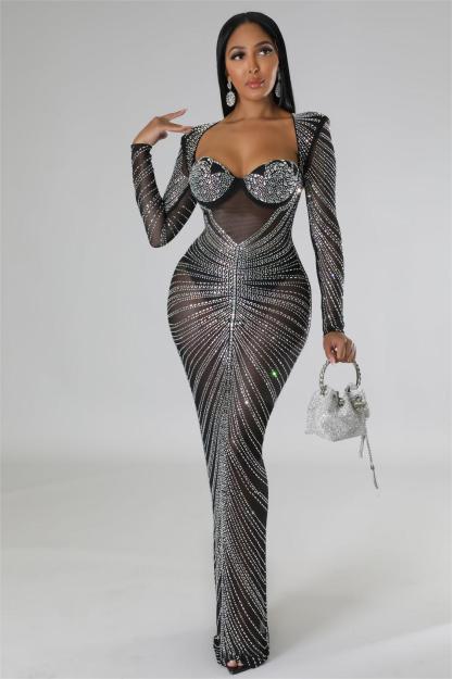Rhinestone Mesh Long Sleeve Maxi Dress