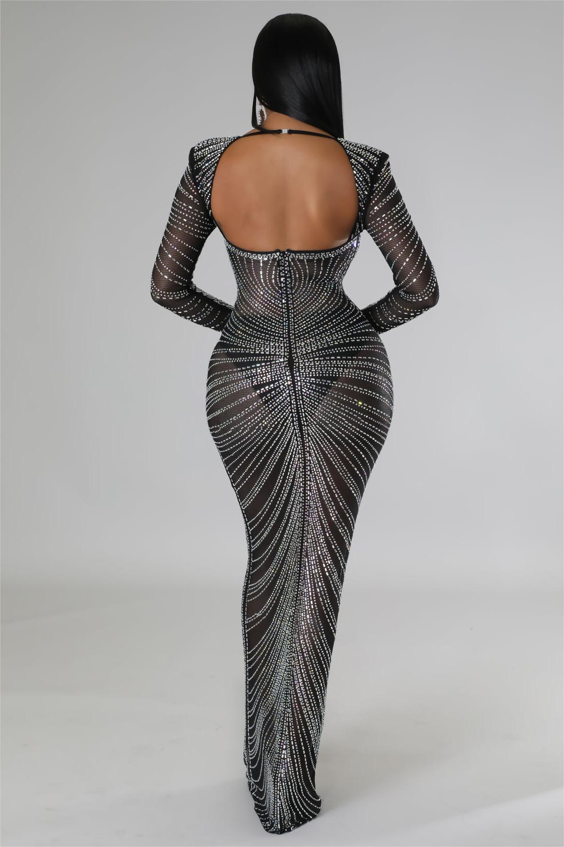 Rhinestone Mesh Long Sleeve Maxi Dress