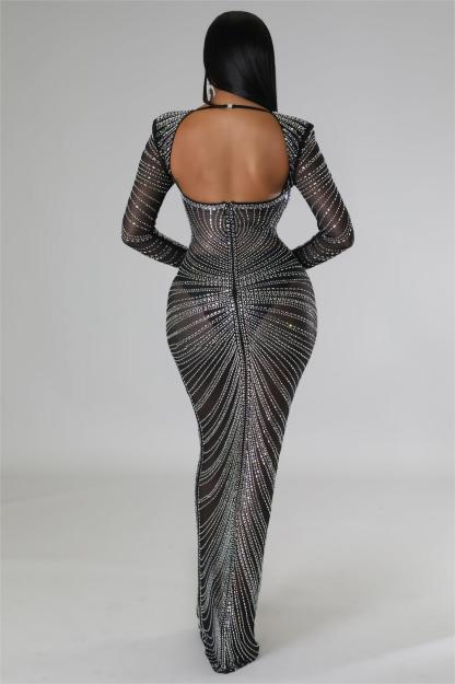 Rhinestone Mesh Long Sleeve Maxi Dress