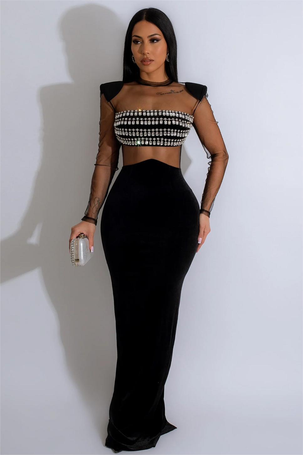 See Through Long Sleeve Rhinestone Maxi Dress